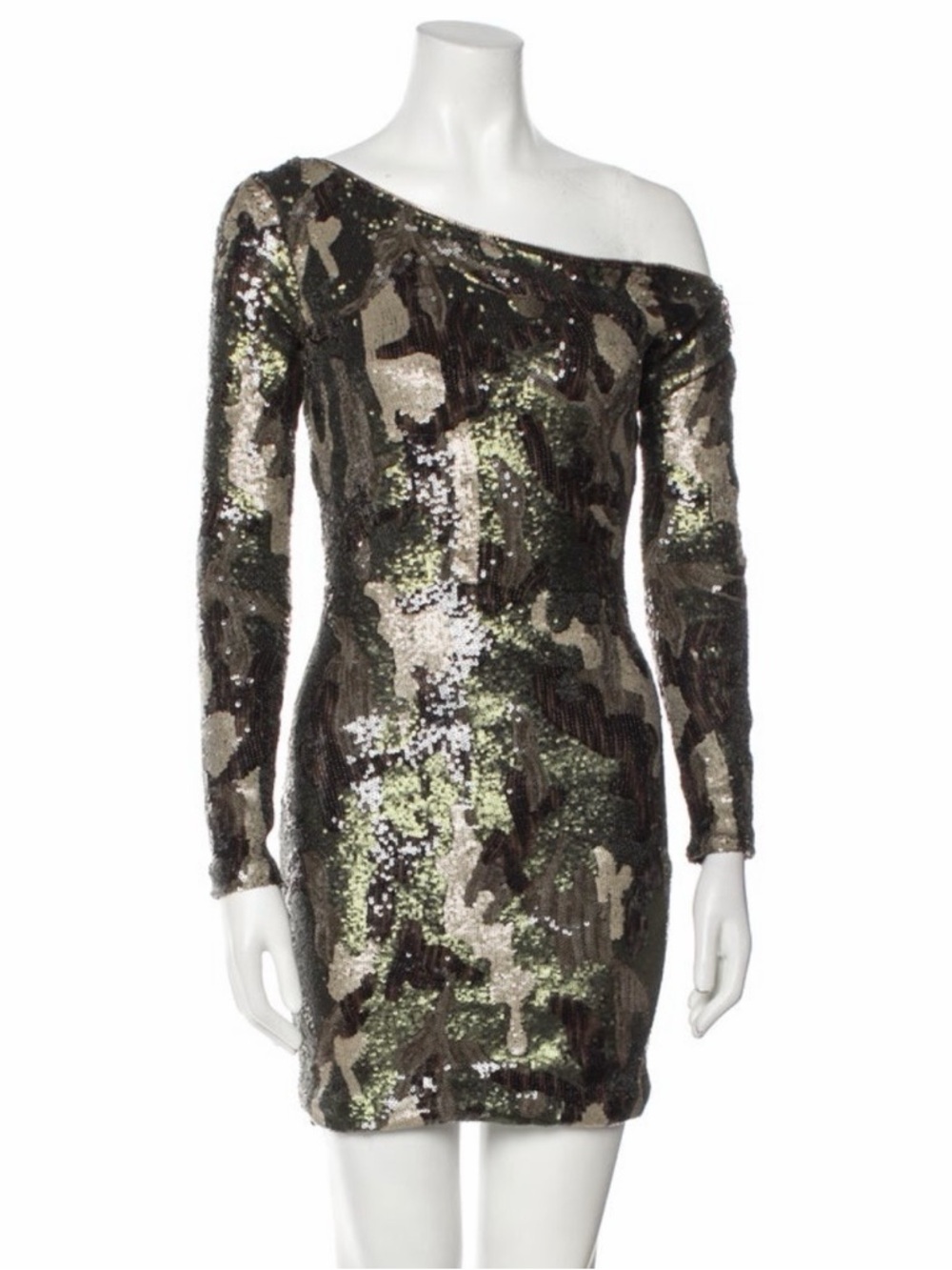 One-Shoulder Sequin Camouflage Mini Dress in Green